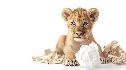 Obraz premium Playful Lion Cub Exploring Recycled Paper Balls on White Background