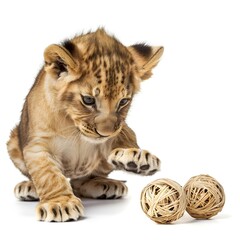 Obraz premium Playful Lion Cub Pawing Recycled Paper Balls on White Background