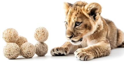 Obraz premium Playful Lion Cub Exploring Recycled Paper Balls on White Background