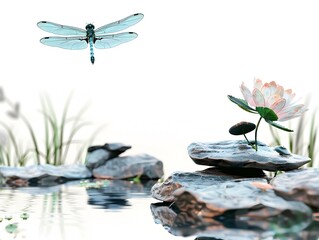 Serene Dragonfly Hovering Over Recycled Lotus Pond in Peaceful Zen Landscape