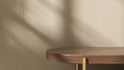 Minimal wooden counter table in sunlight, shadow on brown wall for modern, luxury fashion, beauty,...