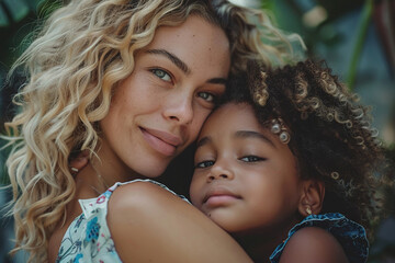 Obraz premium Photo of a white mother and black daughter. Interracial families concept. Generated by artificial intelligence