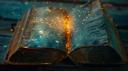 Open antique book with a mystical glow, pages filled with an astounding story, close-up detail