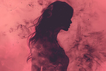 Double exposure photo of woman and pink smoke. Generated by artificial intelligence