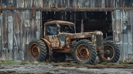 Fototapeta premium Old tractor, covered in rust and dents, positioned close to an aged barn, detailed textures of wood and metal in view