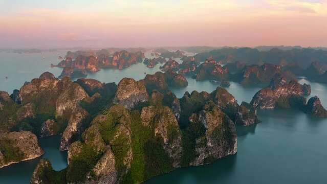 Hyperlapse of Sunset in Halong Bay, Vietnam, Southeast Asia. UNESCO World Heritage Site