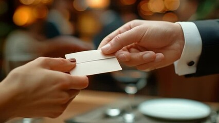 Hands exchange business cards at a networking event The focus is on professional connections.