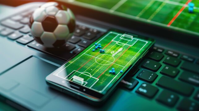 Online Sports Betting Banner with Mobile App and Soccer Field on Screen