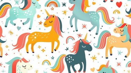 Unicorn Bright cartoon rainbows and smiling clouds pattern