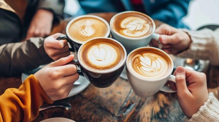 Friends enjoy latte art coffees at cozy cafe on a sunny morning. - Powered by Adobe