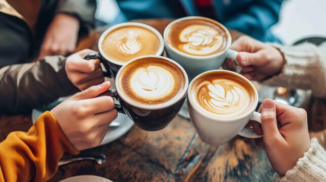Friends enjoy latte art coffees at cozy cafe on a sunny morning. - Powered by Adobe