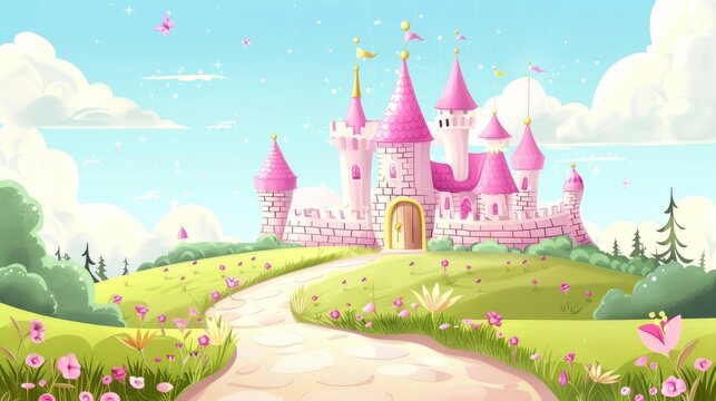 Cartoon fairytale scene with princesses and castles
