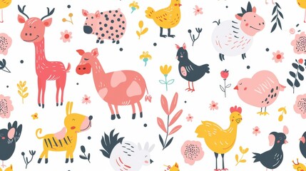 Cartoon farm animals pattern on a white background