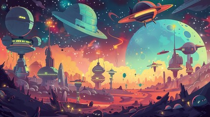 Cartoon outer space with aliens and spaceships