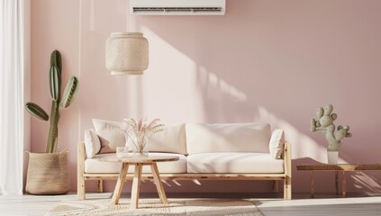 A light pink living room with pastel tones, featuring wooden furniture and soft lighting
