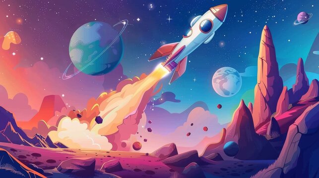 Rocket  Cartoon space explorers with robots and aliens