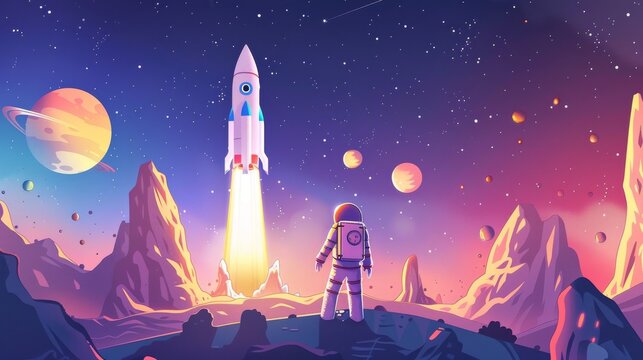 Rocket Cartoon space explorers with robots and aliens