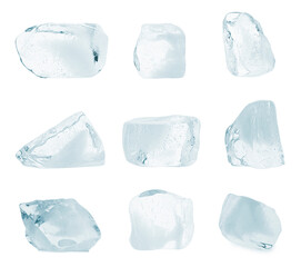 Crystal clear pieces of ice isolated on white, set