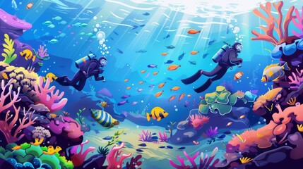 Cartoon underwater adventure with divers and fish