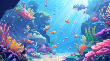 Cartoon underwater adventure with divers and fish