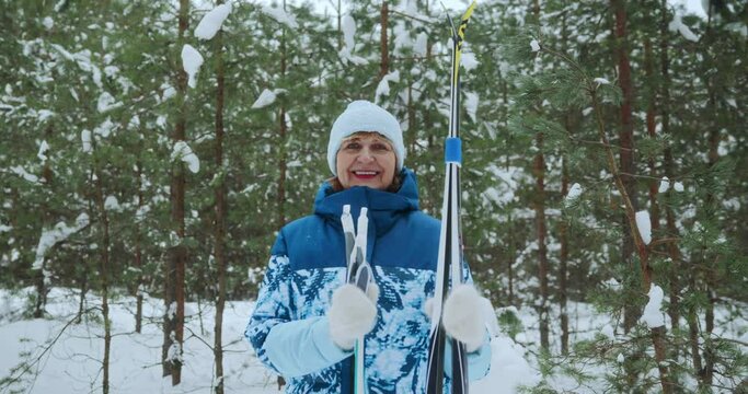Portrait of a happy, pretty 70-year-old woman who looks into the camera with a smile while walking on classic skis through a winter forest. A woman holds skis and ski poles in a snowy winter forest