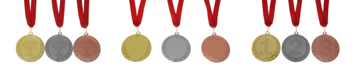 Gold, silver and bronze medals isolated on white, set