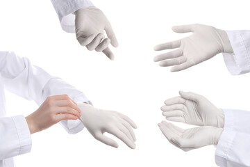 Doctor wearing medical gloves on white background, closeup. Collage of photos