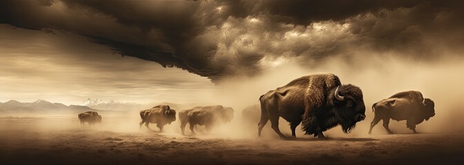 Herd of Bison Charging Through Dusty Plains.
