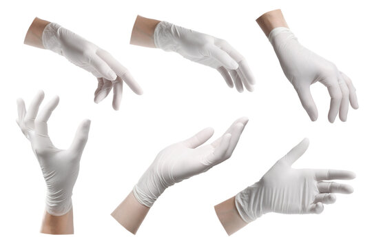 Woman wearing medical glove on white background, closeup. Collage of photos