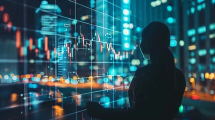 Silhouette of Woman Analyzing Stock Market Data in Modern City