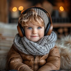 portrait of a little child wearing headphones