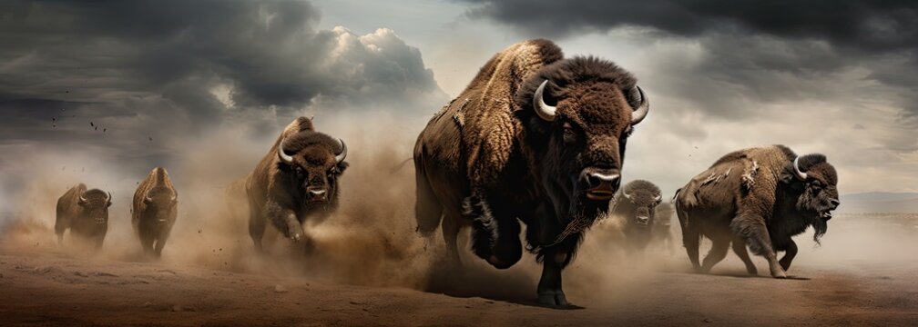 A powerful herd of bison charging through dusty plains under a dramatic cloudy sky, capturing the essence of the wild..