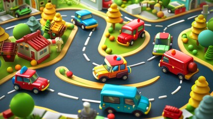 Playful cartoon cars and trucks on a road background