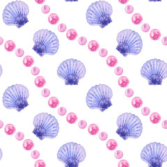 Seamless pattern of a glamour, marine, tropical theme. Blue shells, shiny pink pearls. Watercolor hand drawn illustration. On white background. For decoration and design. For fabric, wrapping paper