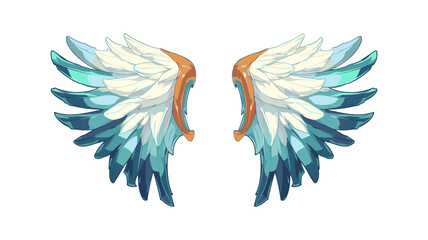 An illustration of a pair of ethereal wings, featuring a gradient of white to blue feathers with golden accents.