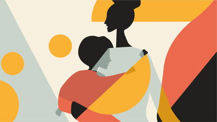 A modern abstract illustration depicting a mother holding her child. The figures are silhouetted in black against a backdrop of geometric shapes in warm hues of orange, yellow, and beige.