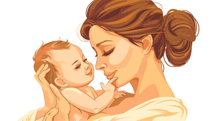 A tender illustration of a mother lovingly holding her baby against a white background.