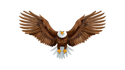 An illustration of a bald eagle in mid-flight is shown against a white background. The eagle's wings are fully spread, displaying detailed brown feathers