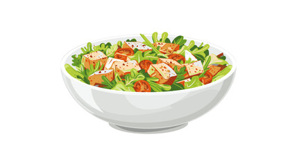 A fresh, appetizing salad is displayed in a white bowl against a white background.