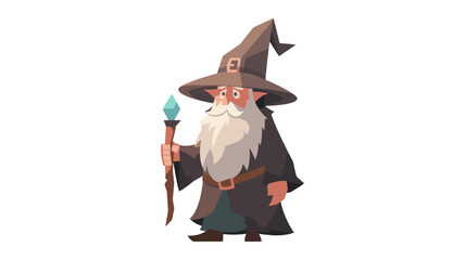 A whimsical illustration of an elderly wizard is depicted against a white background. The wizard wears a large, pointed hat and a dark robe, holding a staff with a glowing blue crystal.