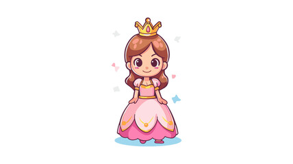 A charming cartoon princess with long brown hair, dressed in a pink gown with gold accents and a golden crown.