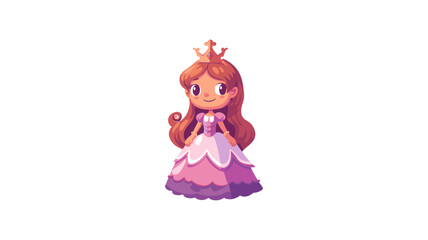 A charming cartoon princess with long, flowing red hair, wearing a layered pink and purple gown and a golden crown.
