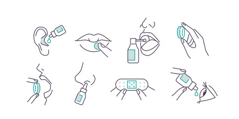 Taking medications concept set. Instruction how to use nasal spray, cold sores lips patch, eye and ear drops and other treatment. Vector illustration.