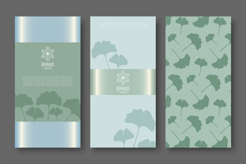 Green cover design, brand packaging, voucher, gift certificate with ginkgo biloba leaves. Vector botanical background for product design.