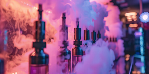 Fototapeta premium Vape Devices in a Trendy Vapor Lounge with Neon Lights