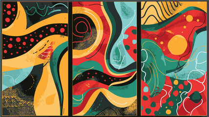 A vibrant triptych of abstract art panels features dynamic, swirling patterns in bold colors including red, yellow, teal, and black.