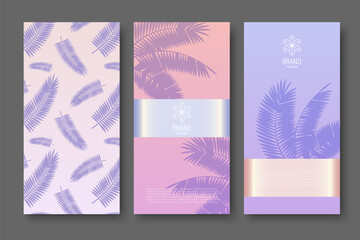 Bright summer design of covers, branded packaging, vouchers and promotions with palm branches. Vector background in the tones of a sea sunset.
