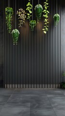 Obraz premium Black wall with vertical slats, hanging plants, gray floor, modern interior design background 