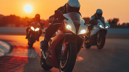 Motorcyclists racing on a track at sunset with glowing headlights.