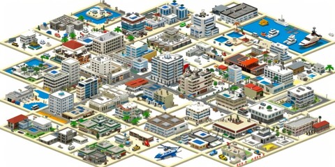 Isometric illustration of a modern city showcasing diverse buildings, infrastructure, and urban planning